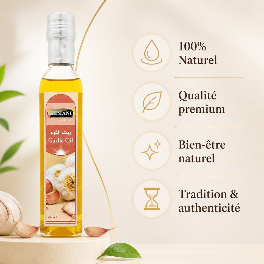 Huile d'Ail 250mL 100% Naturelle Hemani – infographie des bienfaits et des ingrédients clés