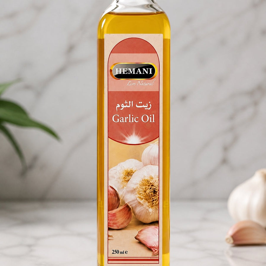 Huile d'Ail 250mL 100% Naturelle Hemani – gros plan sur les détails et la finition du packaging