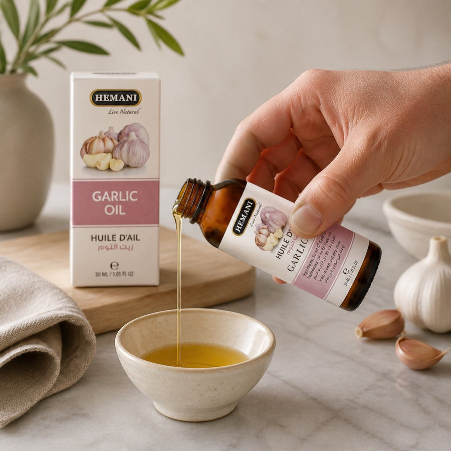 Huile d'ail 30ml Hemani Naturel – application en situation réelle, geste de soin quotidien