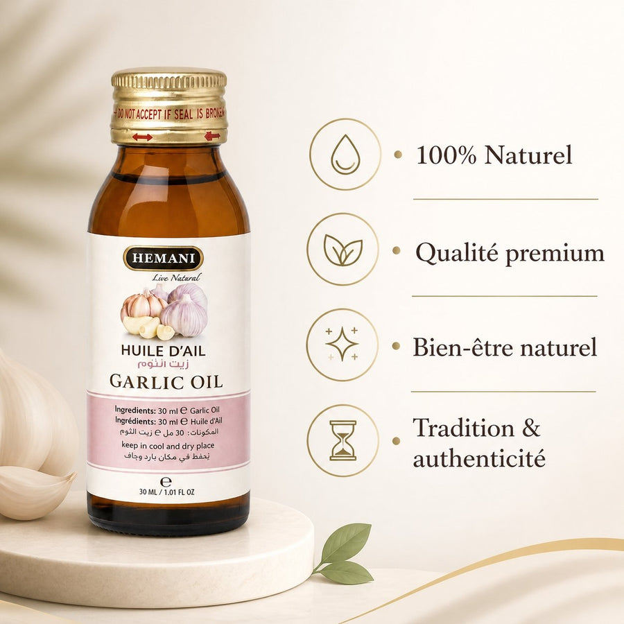 Huile d'ail 30ml Hemani Naturel – infographie des bienfaits et des ingrédients clés
