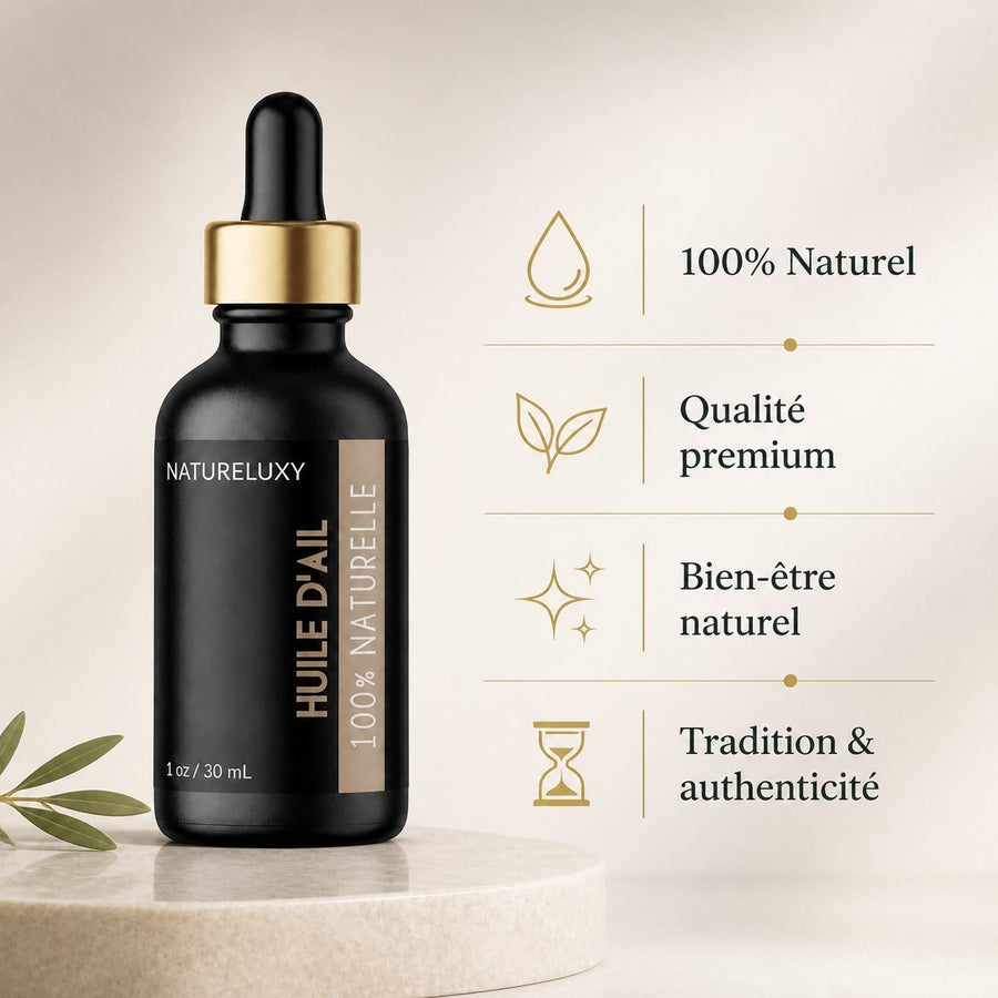 Huile d'Ail 30 mL Pipette - 100% Naturelle – infographie des bienfaits et des ingrédients clés