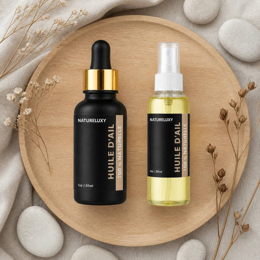 Huile d'Ail 30mL pipette + Huile d'Ail 30mL Spray 100% naturelle – composition flat lay avec éléments naturels, vue du dessus