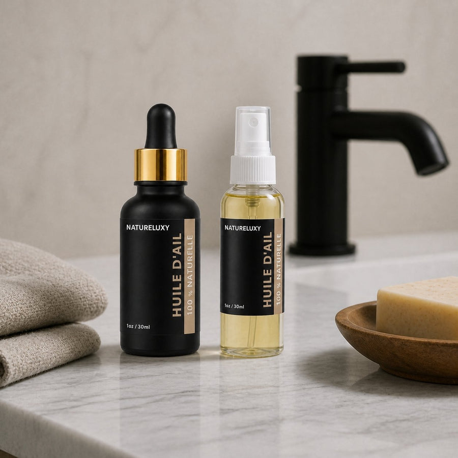 Huile d'Ail 30mL pipette + Huile d'Ail 30mL Spray 100% naturelle – présentation du produit dans une salle de bain lumineuse et naturelle