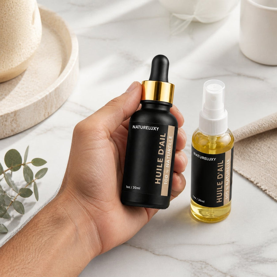 Huile d'Ail 30mL pipette + Huile d'Ail 30mL Spray 100% naturelle – application en situation réelle, geste de soin quotidien
