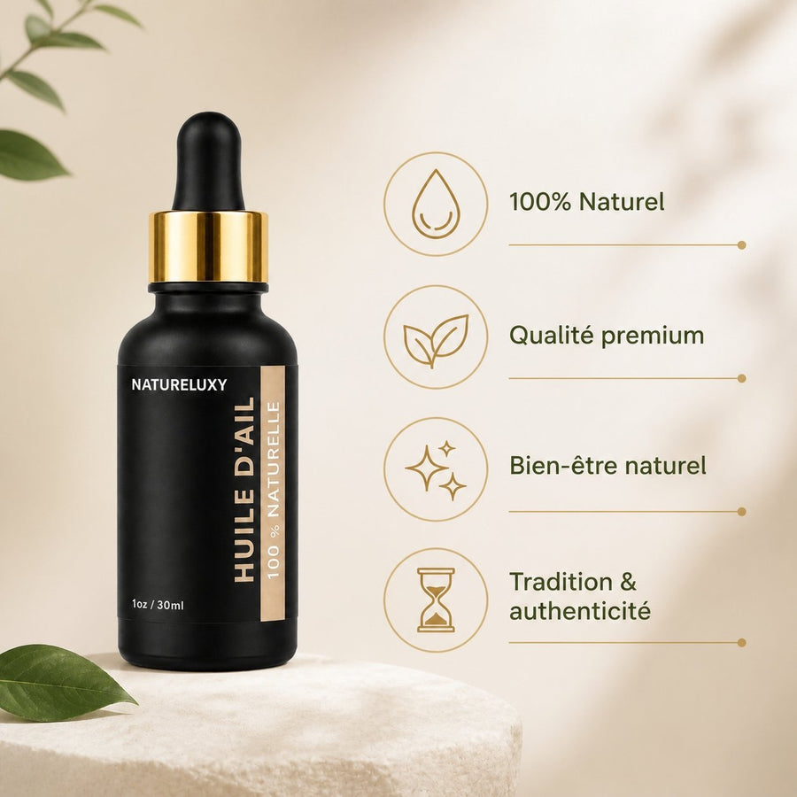 Huile d'Ail 30mL pipette + Huile d'Ail 30mL Spray 100% naturelle – infographie des bienfaits et des ingrédients clés