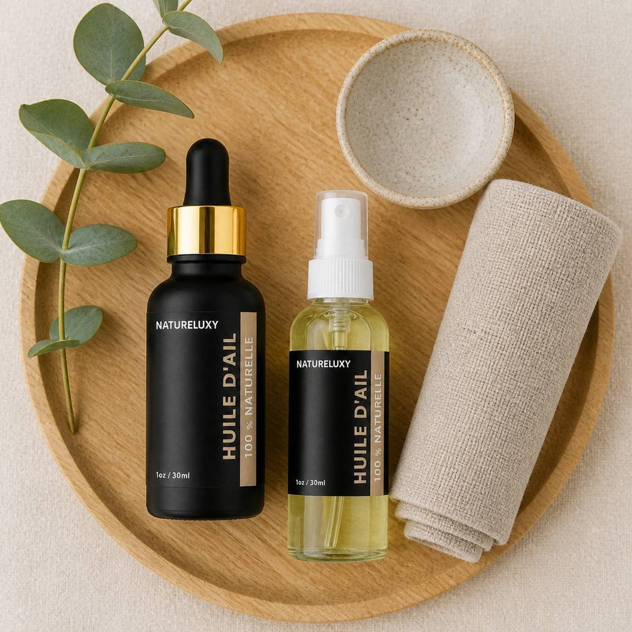 Huile d'Ail 30mL pipette + Huile d'Ail 30mL Spray 100% naturelle – rituel d'utilisation vu du dessus, ambiance naturelle zen