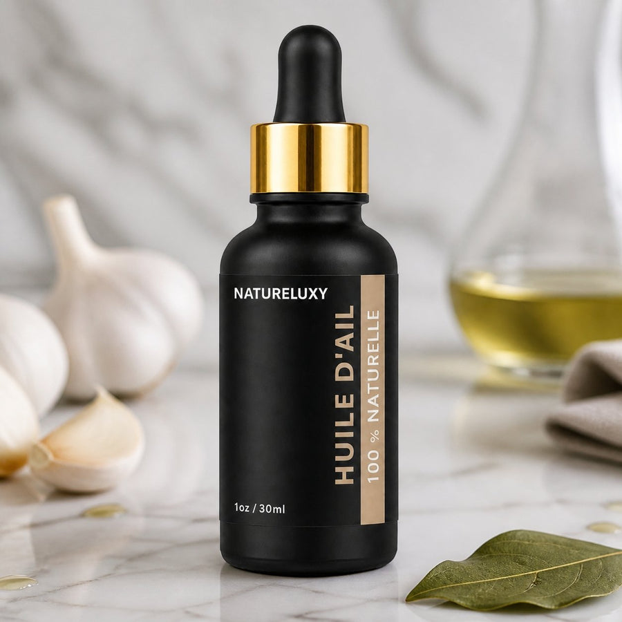Huile d'Ail 30mL pipette + Huile d'Ail 30mL Spray 100% naturelle – gros plan sur les détails et la finition du packaging
