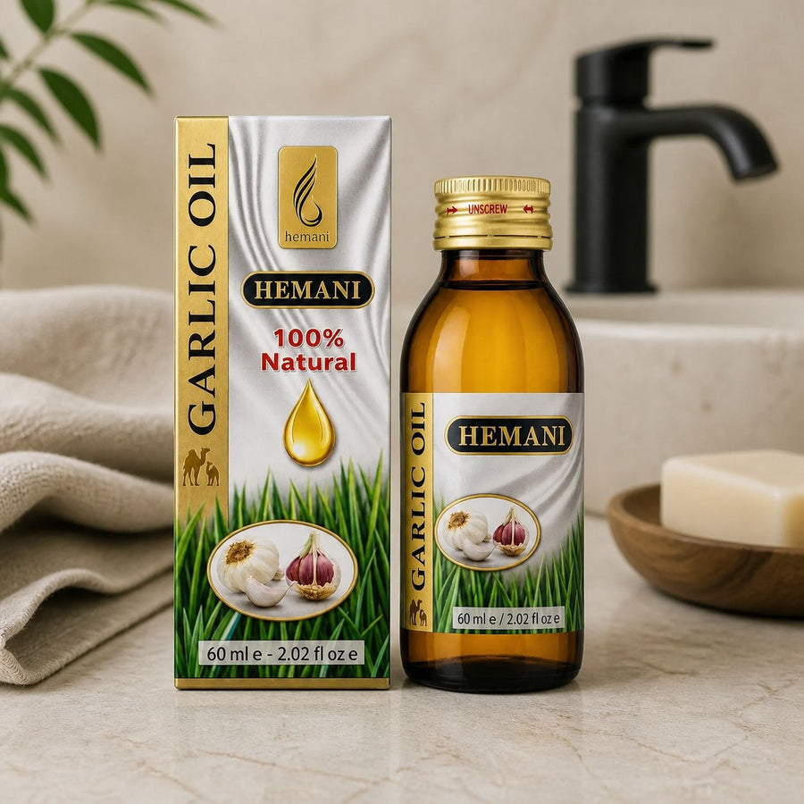 Huile d'ail 60ml Hemani Naturel – présentation du produit dans une salle de bain lumineuse et naturelle