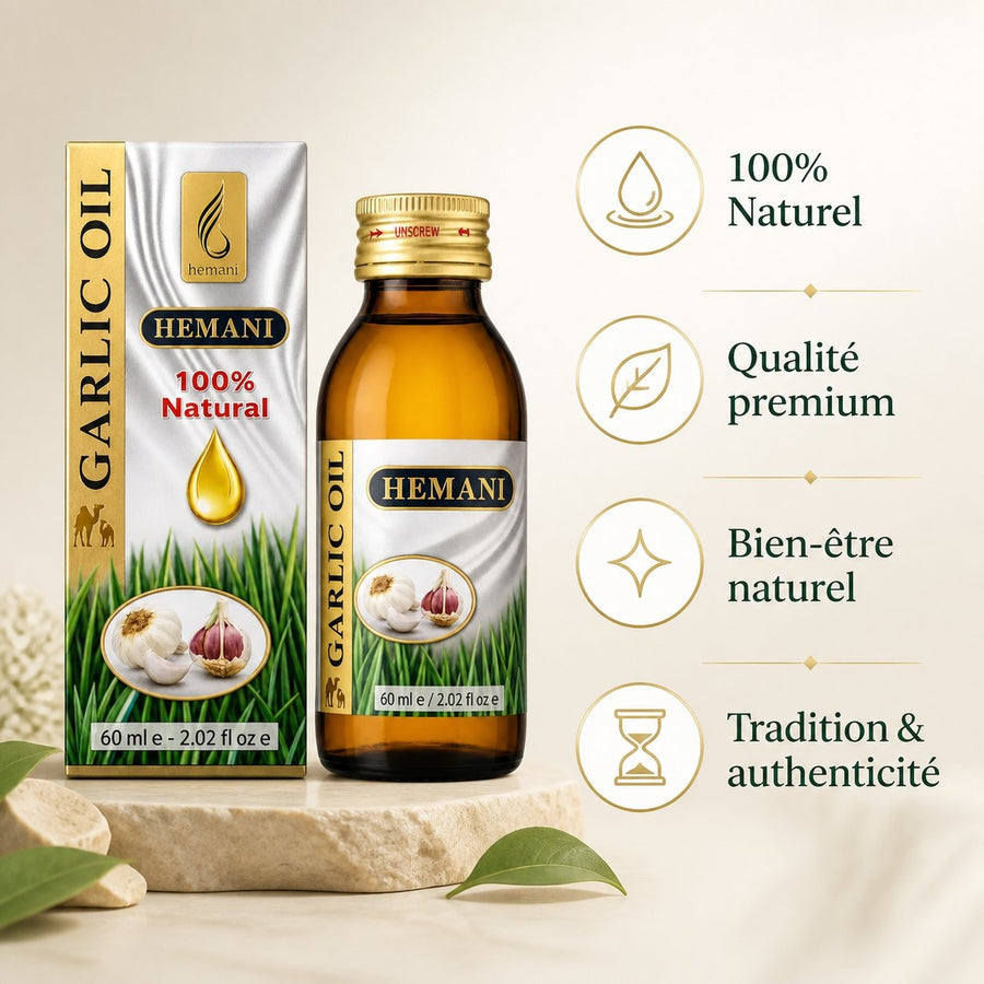 Huile d'ail 60ml Hemani Naturel – infographie des bienfaits et des ingrédients clés