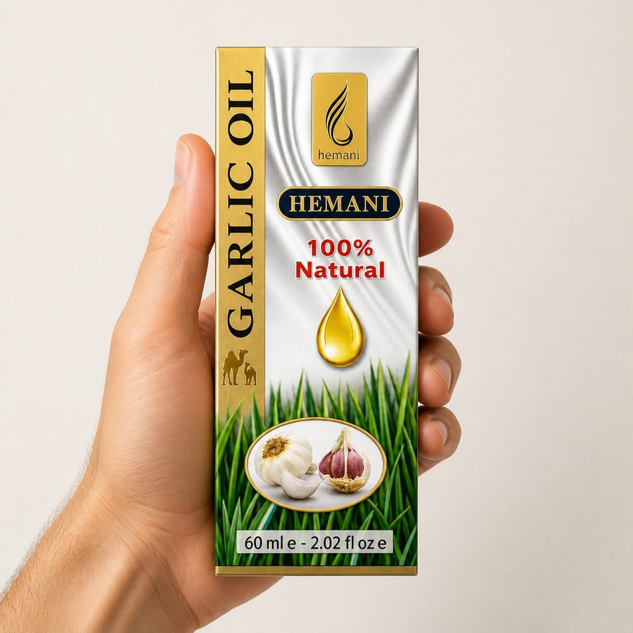 Huile d'ail 60ml Hemani Naturel – taille et contenance réelles du produit en main