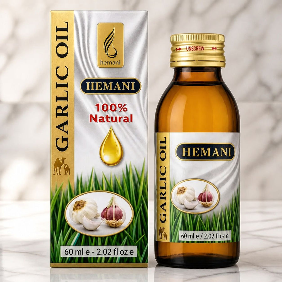 Huile d'ail 60ml Hemani Naturel – gros plan sur les détails et la finition du packaging