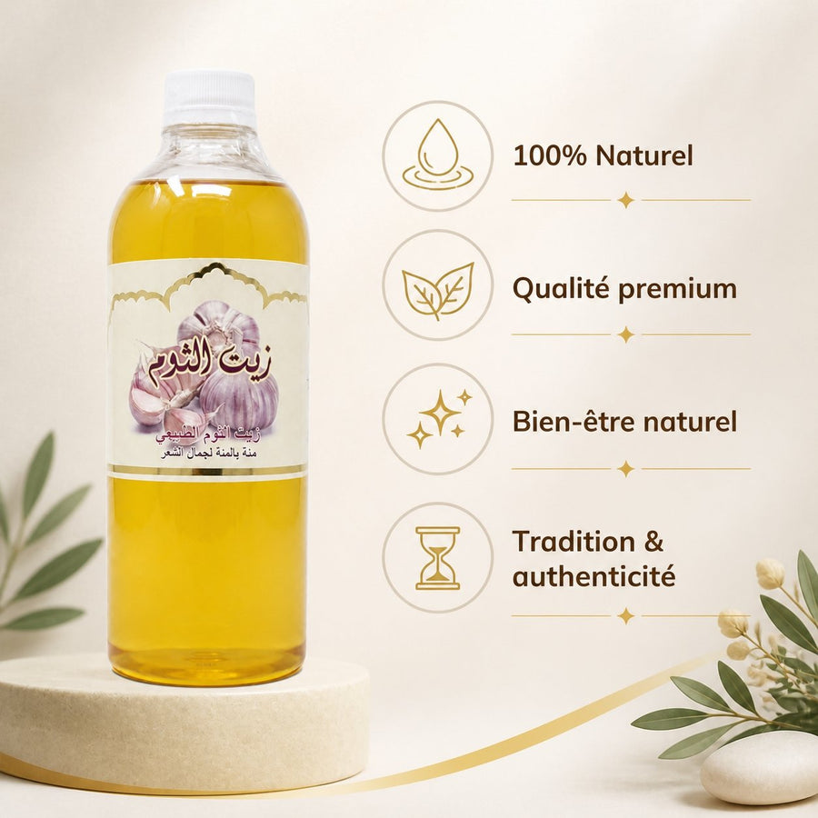 Huile d'Ail Cosmétique 1L – infographie des bienfaits et des ingrédients clés