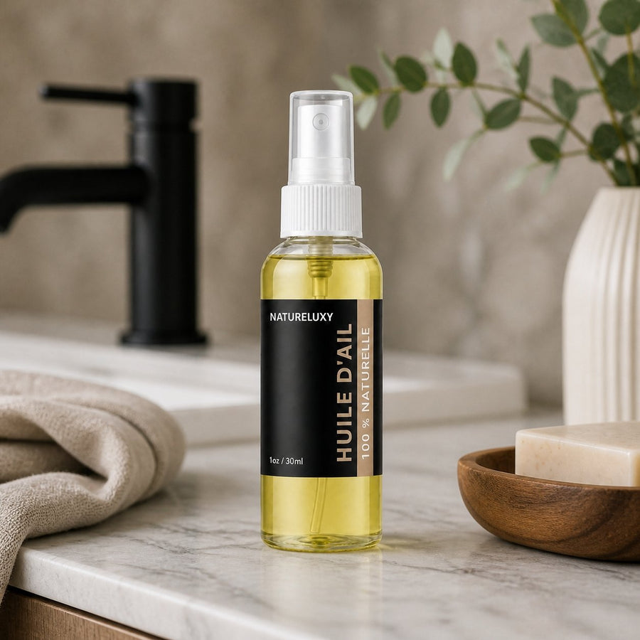 Huile d'Ail Cosmétique Spray - 30mL – présentation du produit dans une salle de bain lumineuse et naturelle