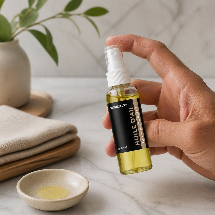 Huile d'Ail Cosmétique Spray - 30mL – application en situation réelle, geste de soin quotidien