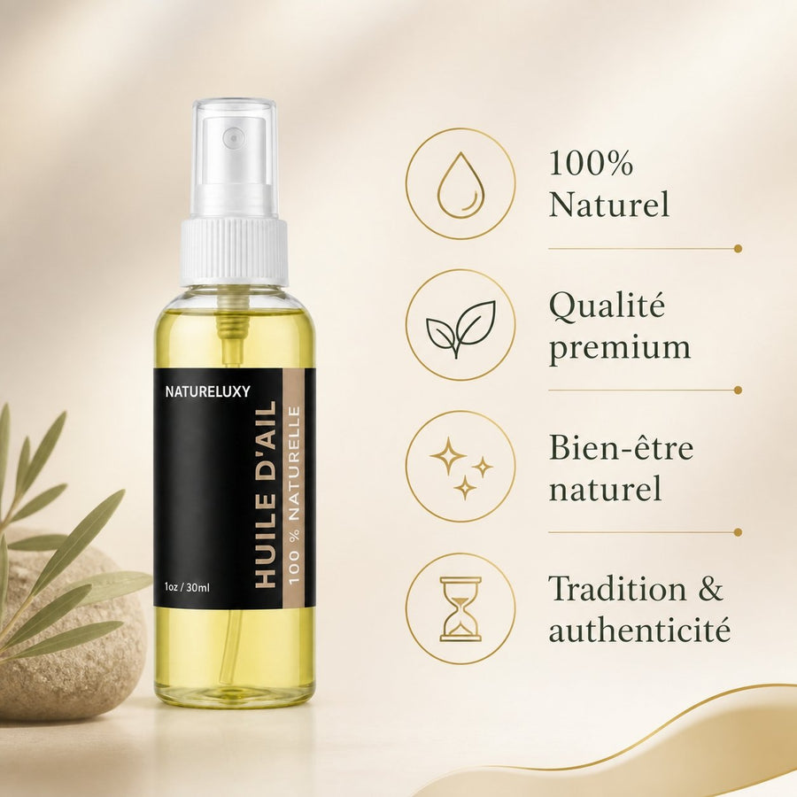 Huile d'Ail Cosmétique Spray - 30mL – infographie des bienfaits et des ingrédients clés