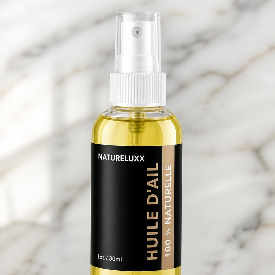 Huile d'Ail Cosmétique Spray - 30mL – gros plan sur les détails et la finition du packaging