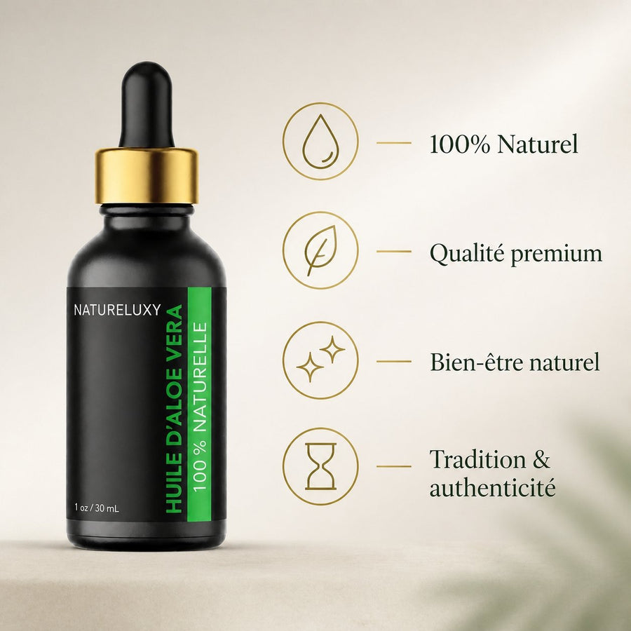 Huile d'Aloé Vera 30mL pipette 100% Naturelle – infographie des bienfaits et des ingrédients clés