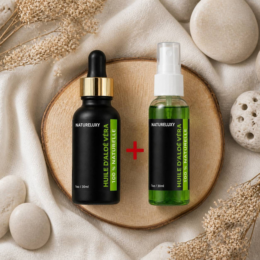 Huile d'Aloé Vera 30mL pipette + Huile d'Aloé Vera 30mL 100% Naturelle Spray – composition flat lay avec éléments naturels, vue du dessus