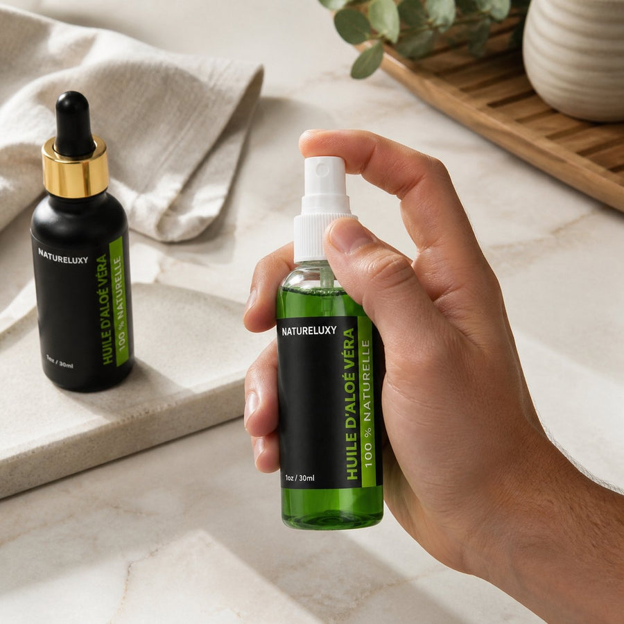 Huile d'Aloé Vera 30mL pipette + Huile d'Aloé Vera 30mL 100% Naturelle Spray – application en situation réelle, geste de soin quotidien
