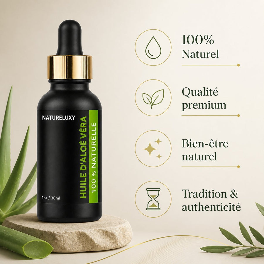Huile d'Aloé Vera 30mL pipette + Huile d'Aloé Vera 30mL 100% Naturelle Spray – infographie des bienfaits et des ingrédients clés