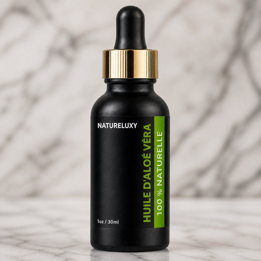 Huile d'Aloé Vera 30mL pipette + Huile d'Aloé Vera 30mL 100% Naturelle Spray – gros plan sur les détails et la finition du packaging
