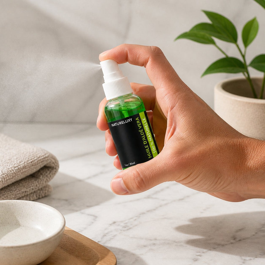 Huile d'Aloé Vera 30mL Spray 100% Naturelle – application en situation réelle, geste de soin quotidien