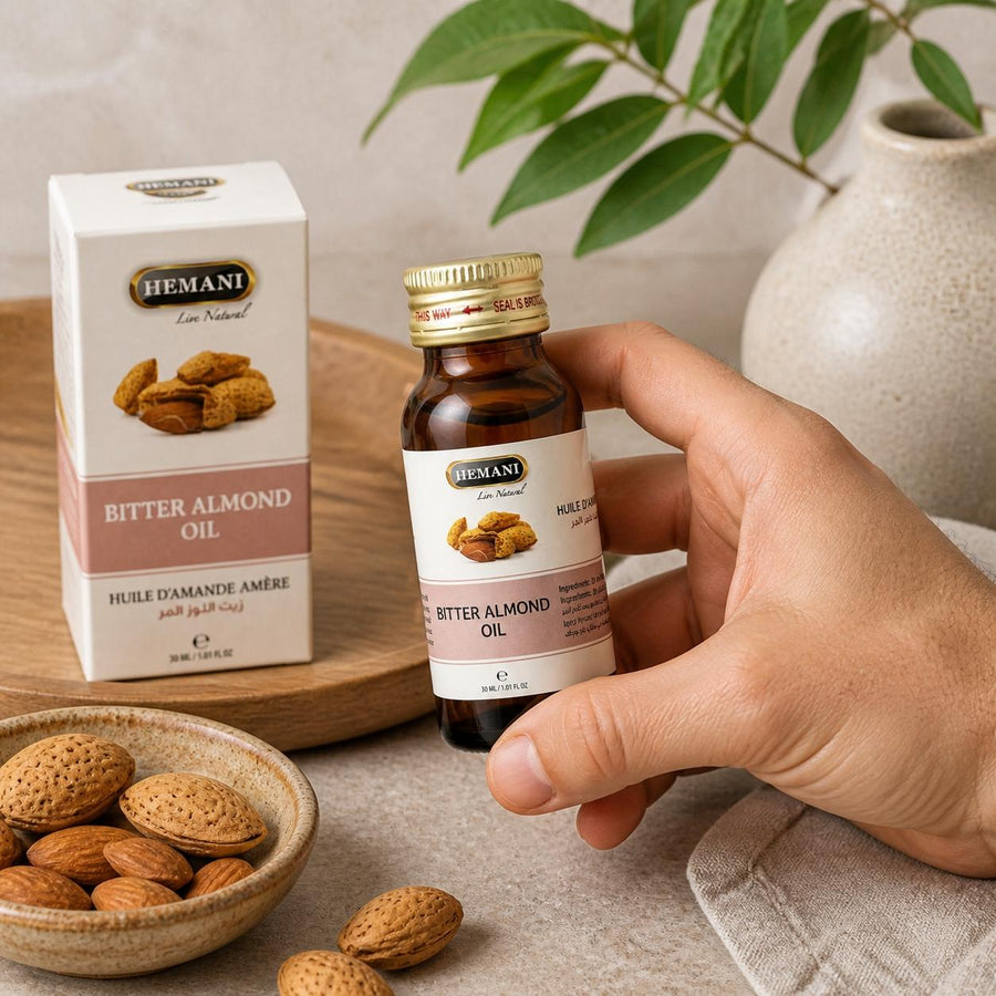 Huile d'Amande Amère 30ml Hemani – application en situation réelle, geste de soin quotidien