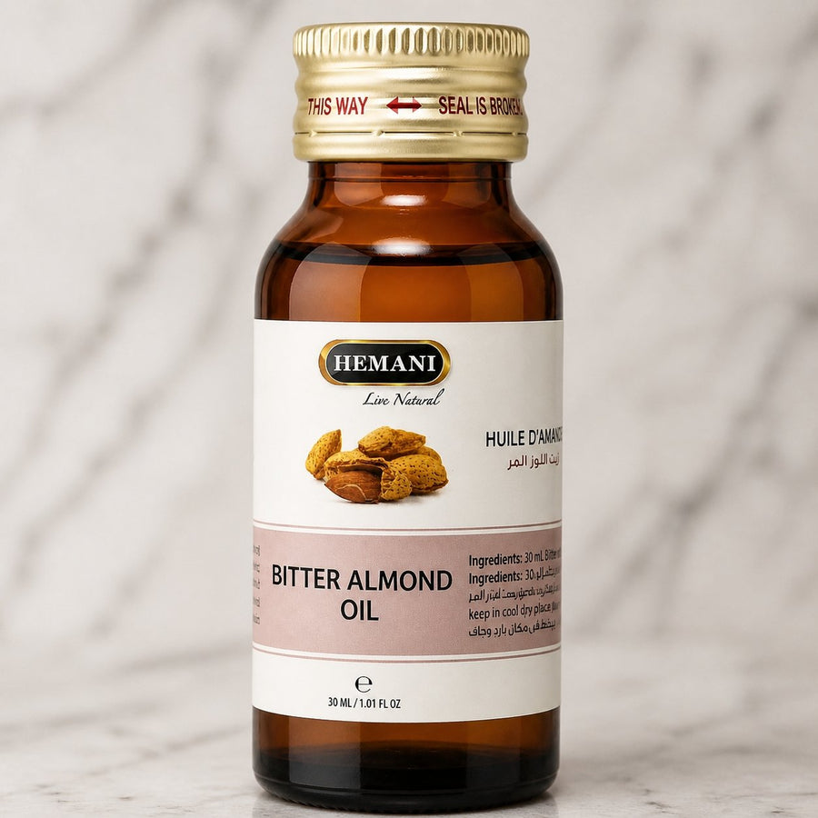 Huile d'Amande Amère 30ml Hemani – gros plan sur les détails et la finition du packaging