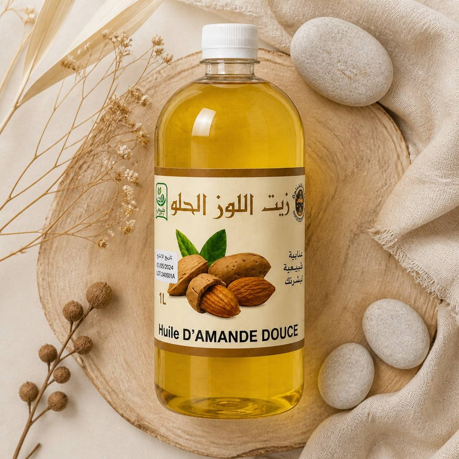 Huile d'Amande Douce 100% Naturel - 1L – composition flat lay avec éléments naturels, vue du dessus