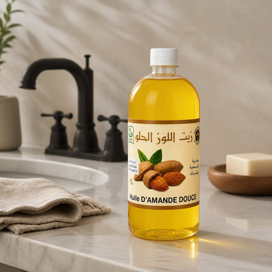 Huile d'Amande Douce 100% Naturel - 1L – présentation du produit dans une salle de bain lumineuse et naturelle