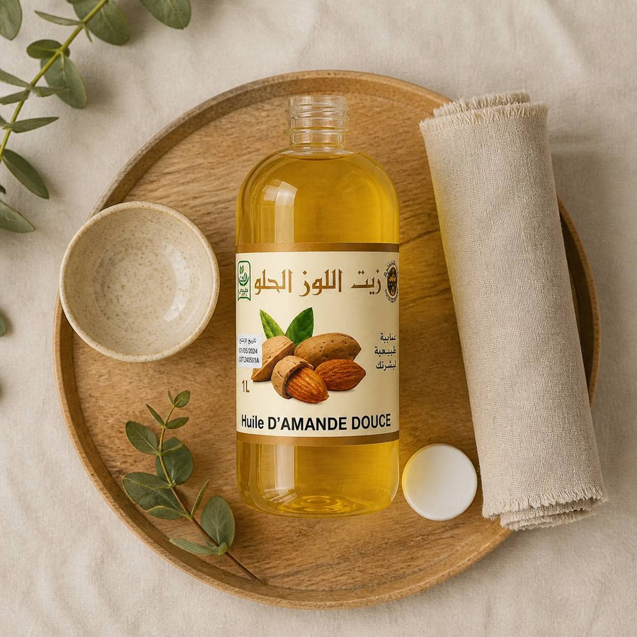 Huile d'Amande Douce 100% Naturel - 1L – rituel d'utilisation vu du dessus, ambiance naturelle zen