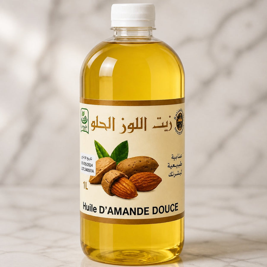 Huile d'Amande Douce 100% Naturel - 1L – gros plan sur les détails et la finition du packaging