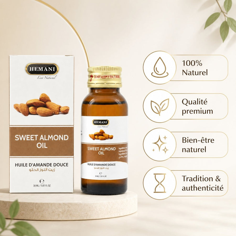 Huile d'Amande Douce 30ml Hemani Naturel – infographie des bienfaits et des ingrédients clés
