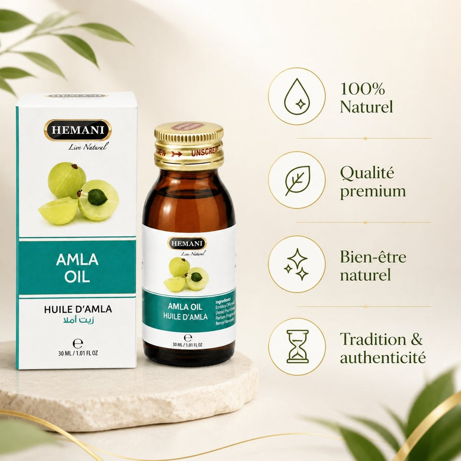 Huile d’Amla Hemani 30 mL – 100% Naturelle – Soin Capillaire – infographie des bienfaits et des ingrédients clés