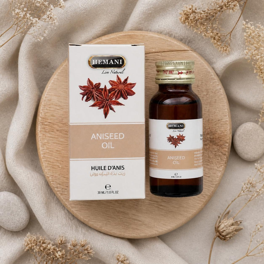Huile d'Anis 30mL 100% Naturelle Hemani – composition flat lay avec éléments naturels, vue du dessus