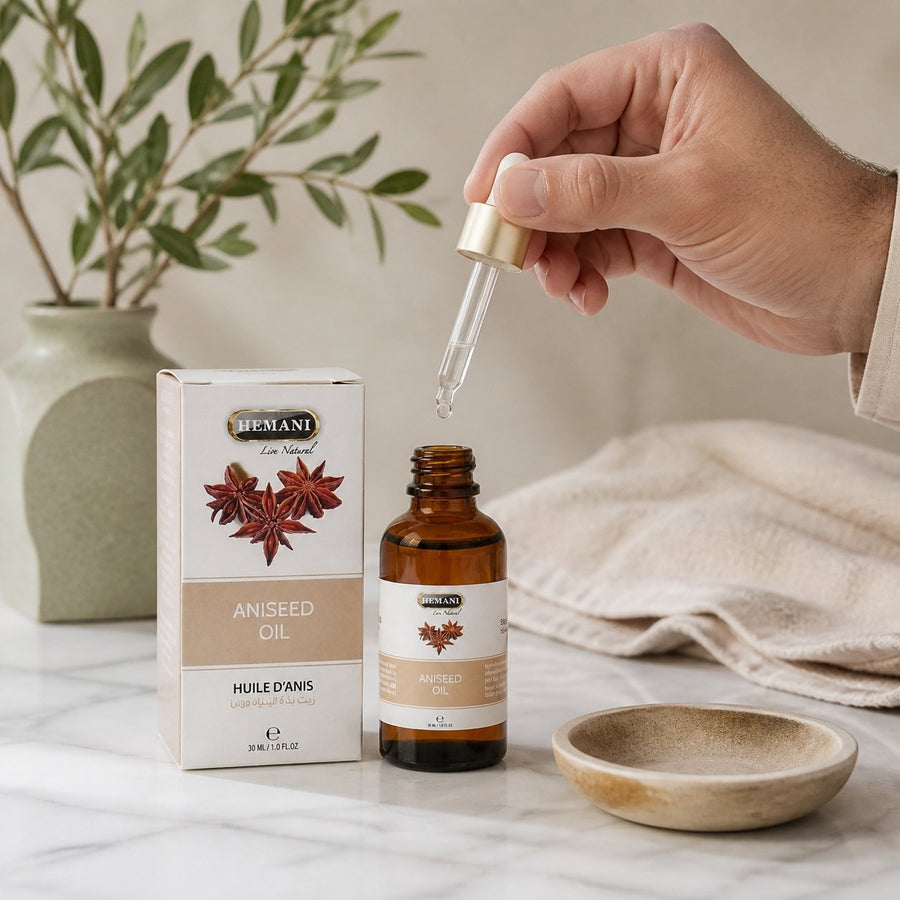 Huile d'Anis 30mL 100% Naturelle Hemani – application en situation réelle, geste de soin quotidien