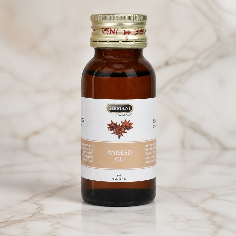 Huile d'Anis 30mL 100% Naturelle Hemani – gros plan sur les détails et la finition du packaging
