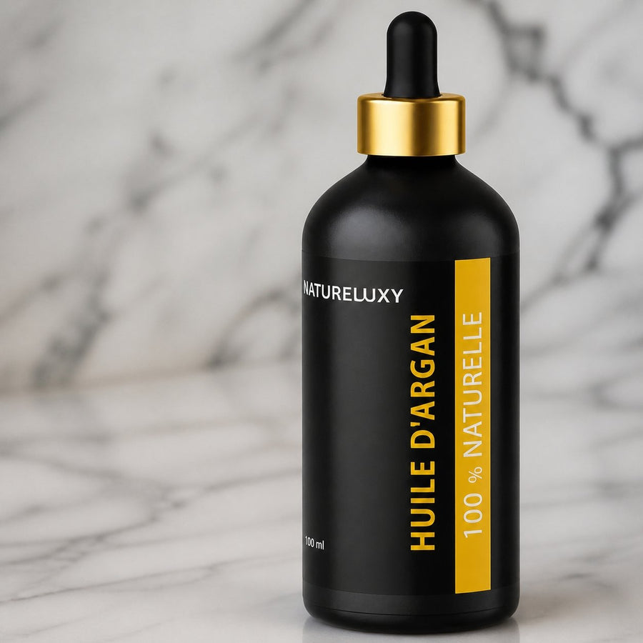 Huile d'Argan 100 ml – Origine Maroc – Pipette – Visage, Corps, Cheveux & Ongles – gros plan sur les détails et la finition du packaging