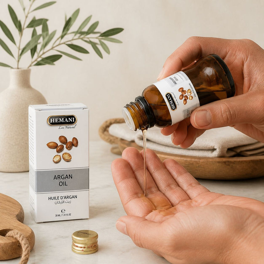 Huile d'Argan 30mL Hemani – application en situation réelle, geste de soin quotidien