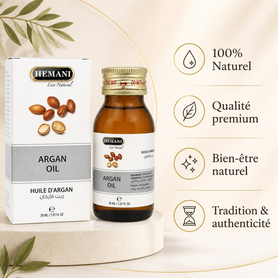 Huile d'Argan 30mL Hemani – infographie des bienfaits et des ingrédients clés
