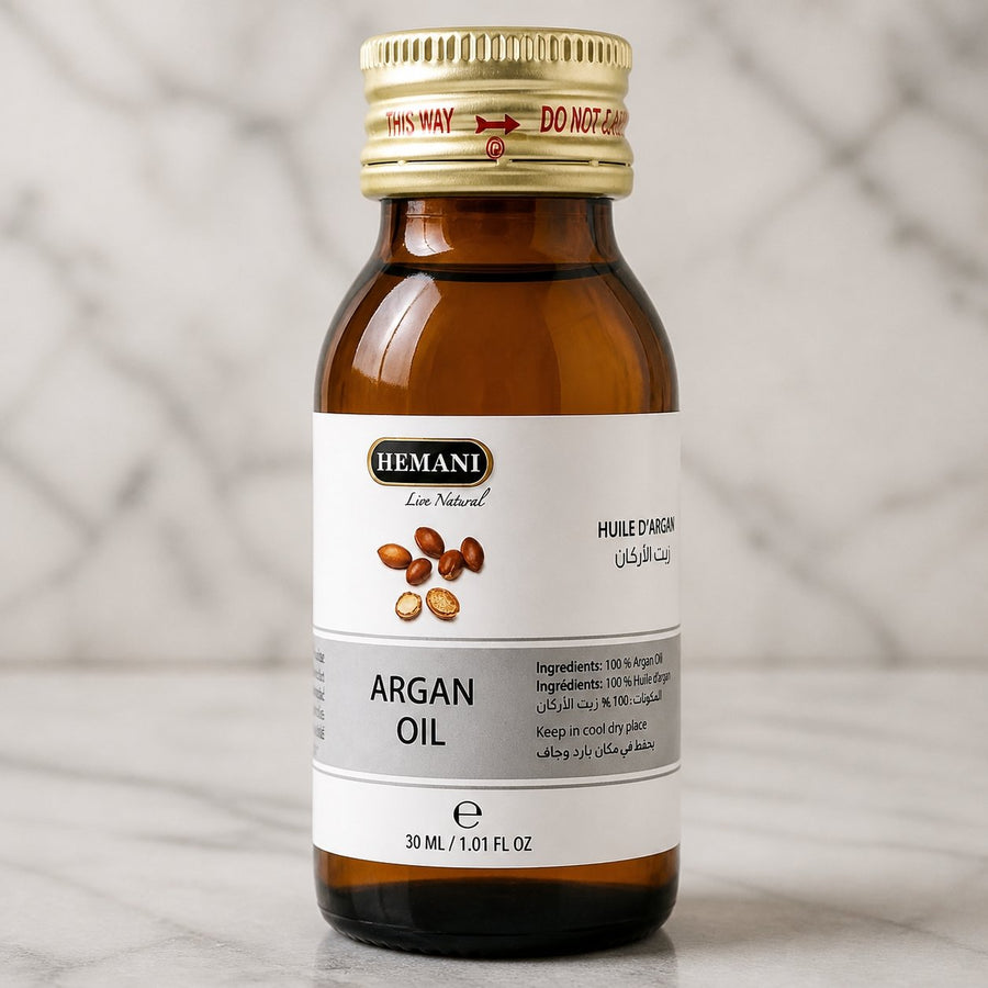 Huile d'Argan 30mL Hemani – gros plan sur les détails et la finition du packaging