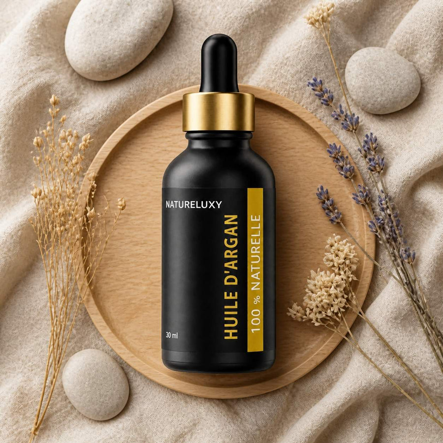 Huile d’Argan 30 mL Pipette – Origine Maroc – Soin Peau & Cheveux – composition flat lay avec éléments naturels, vue du dessus