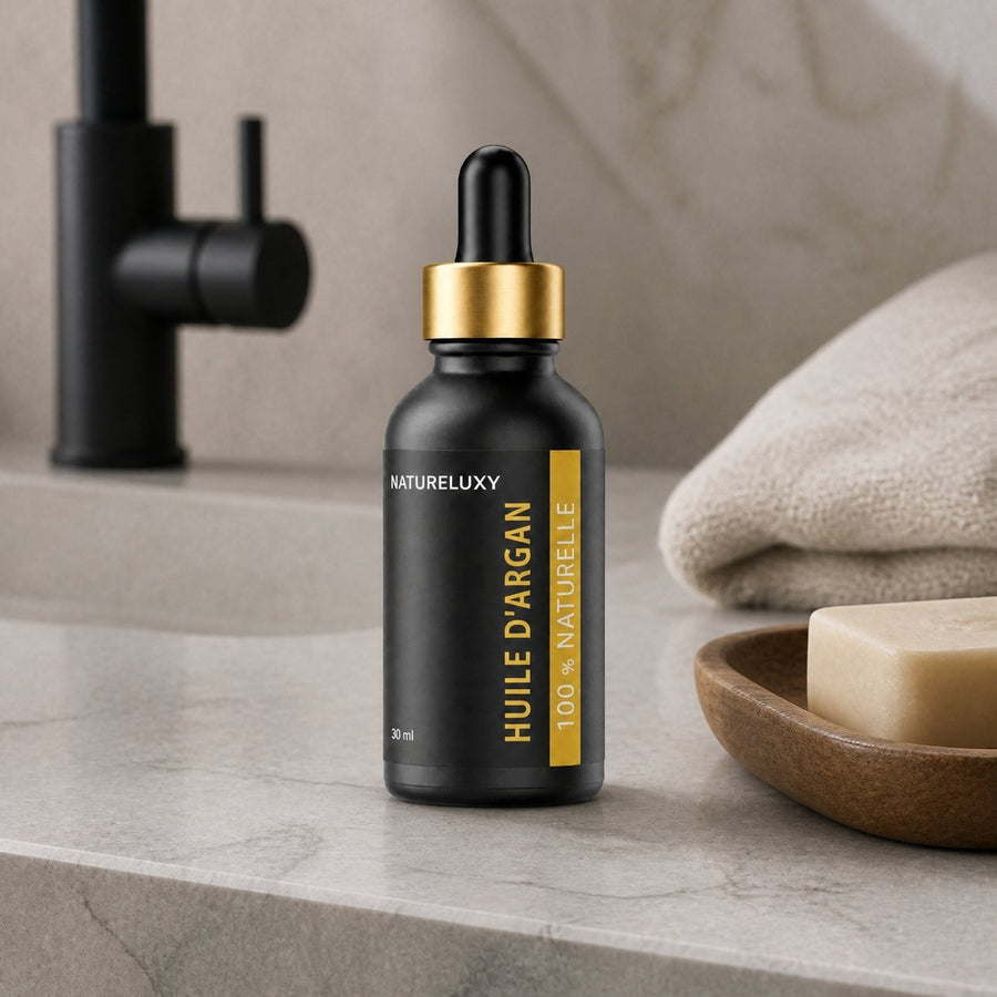 Huile d’Argan 30 mL Pipette – Origine Maroc – Soin Peau & Cheveux – présentation du produit dans une salle de bain lumineuse et naturelle