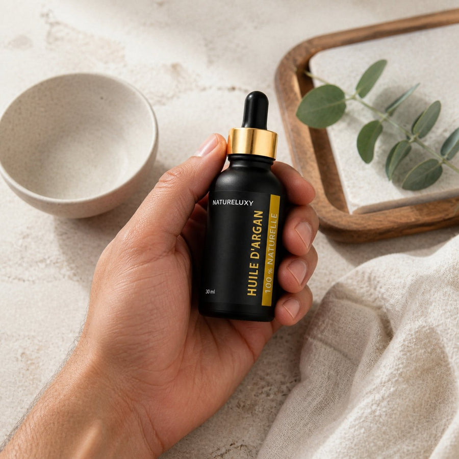 Huile d’Argan 30 mL Pipette – Origine Maroc – Soin Peau & Cheveux – application en situation réelle, geste de soin quotidien