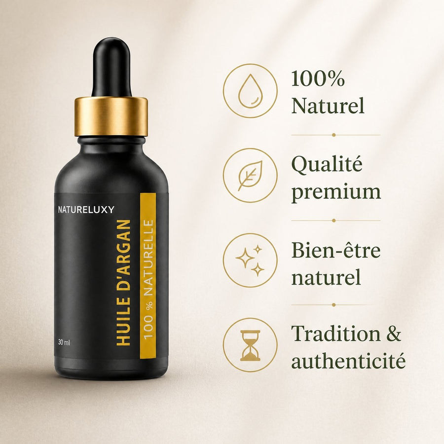 Huile d’Argan 30 mL Pipette – Origine Maroc – Soin Peau & Cheveux – infographie des bienfaits et des ingrédients clés
