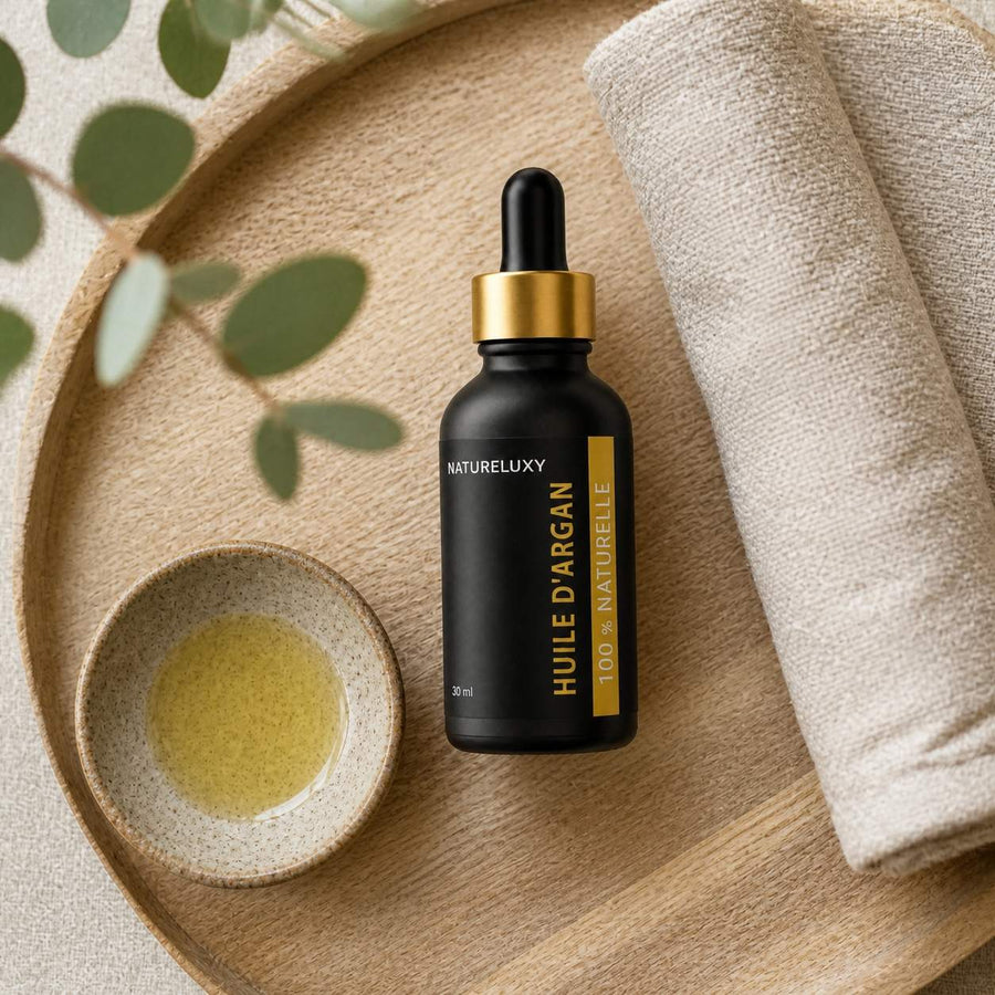 Huile d’Argan 30 mL Pipette – Origine Maroc – Soin Peau & Cheveux – rituel d'utilisation vu du dessus, ambiance naturelle zen
