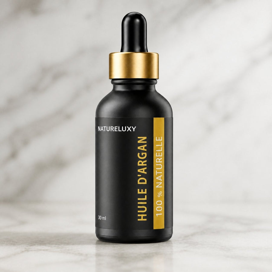 Huile d’Argan 30 mL Pipette – Origine Maroc – Soin Peau & Cheveux – gros plan sur les détails et la finition du packaging