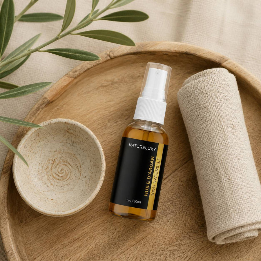 Huile d’Argan 100% Naturelle en Spray – 30 mL (Visage, Corps & Cheveux) – rituel d'utilisation vu du dessus, ambiance naturelle zen