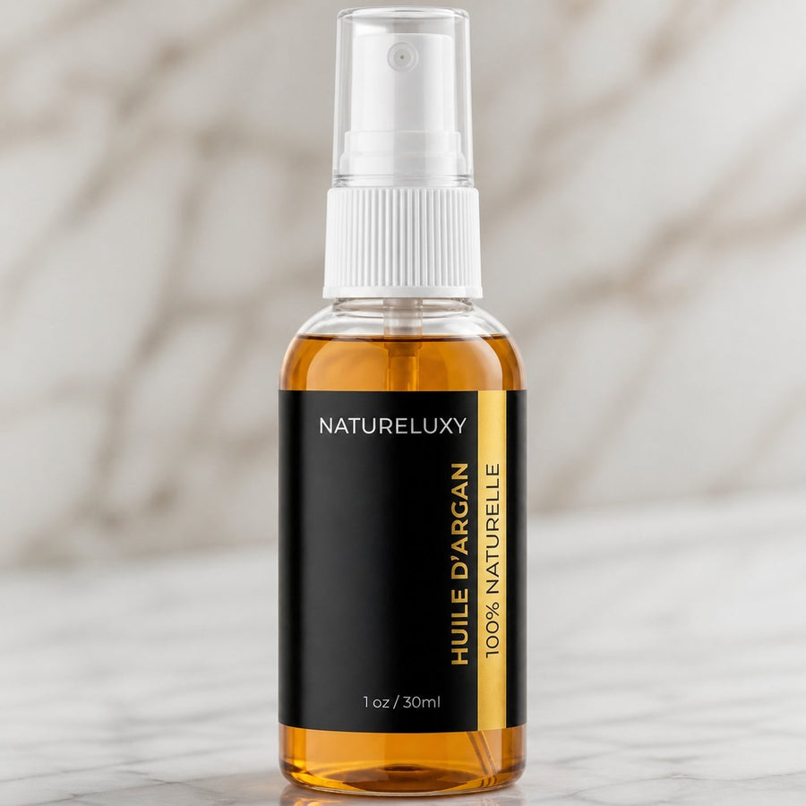 Huile d’Argan 100% Naturelle en Spray – 30 mL (Visage, Corps & Cheveux) – gros plan sur les détails et la finition du packaging