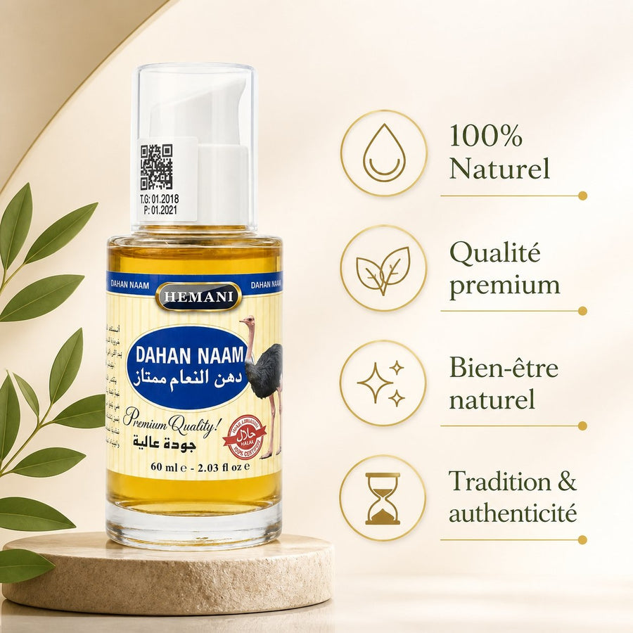 Huile d'Autruche - massage - douleur musculaire - 60mL Hemani – infographie des bienfaits et des ingrédients clés